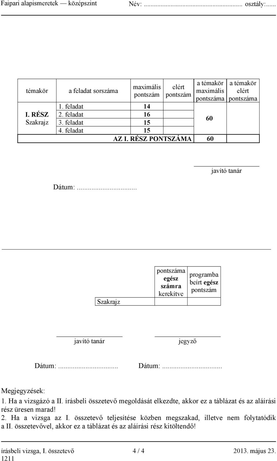.. Dátum:... Megjegyzések: 1. Ha a vizsgázó a II. írásbeli összetevő megoldását elkezdte, akkor ez a táblázat és az aláírási rész üresen marad! 2. Ha a vizsga az I.