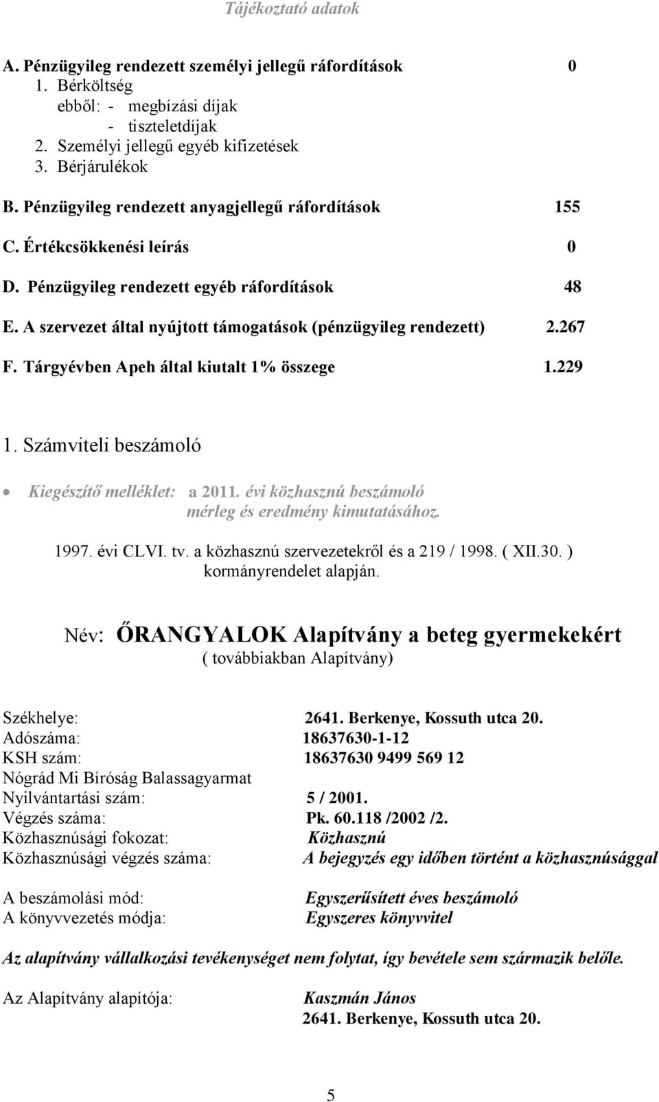 267 F. Tárgyévben Apeh által kiutalt 1% összege 1.229 1. Számviteli beszámoló Kiegészítő melléklet: a 2011. évi közhasznú beszámoló mérleg és eredmény kimutatásához. 1997. évi CLVI. tv.