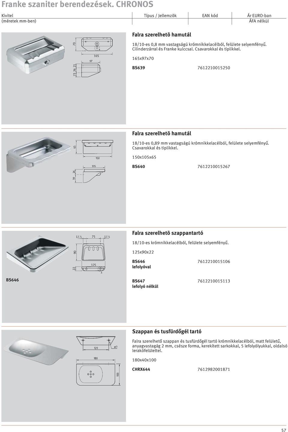 150x105x65 BS640 7612210015267 21, Falra szerelhetõ szappantartó 18/10-es krómnikkelacélból, felülete selyemfényű.