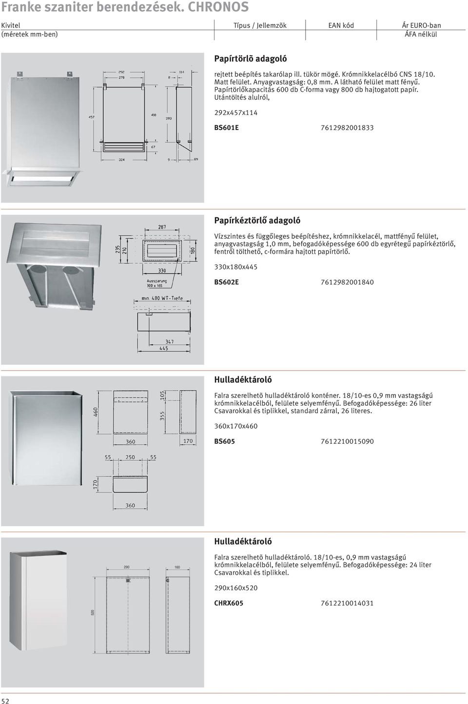 Utántöltés alulról, 292x457x114 BS601E 7612982001833 308, Papírkéztörlő adagoló Vízszintes és függőleges beépítéshez, krómnikkelacél, mattfényű felület, anyagvastagság 1,0 mm, befogadóképessége 600