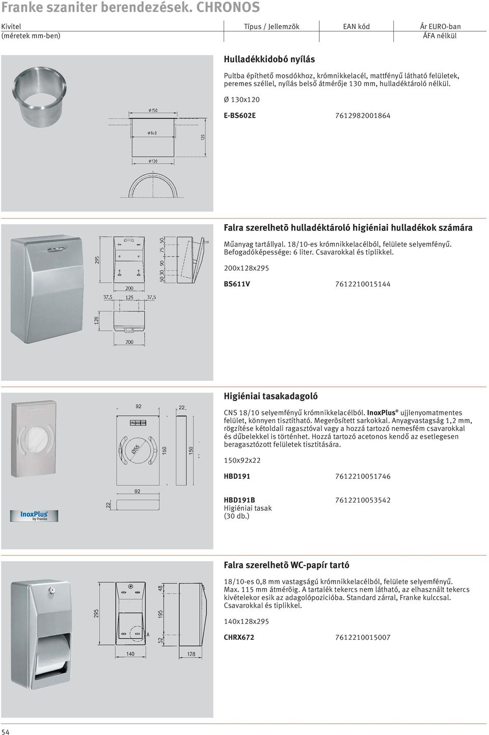 Csavarokkal és tiplikkel. 200x128x295 BS611V 7612210015144 77, Higiéniai tasakadagoló CNS 18/10 selyemfényű krómnikkelacélból. InoxPlus ujjlenyomatmentes felület, könnyen tisztítható.