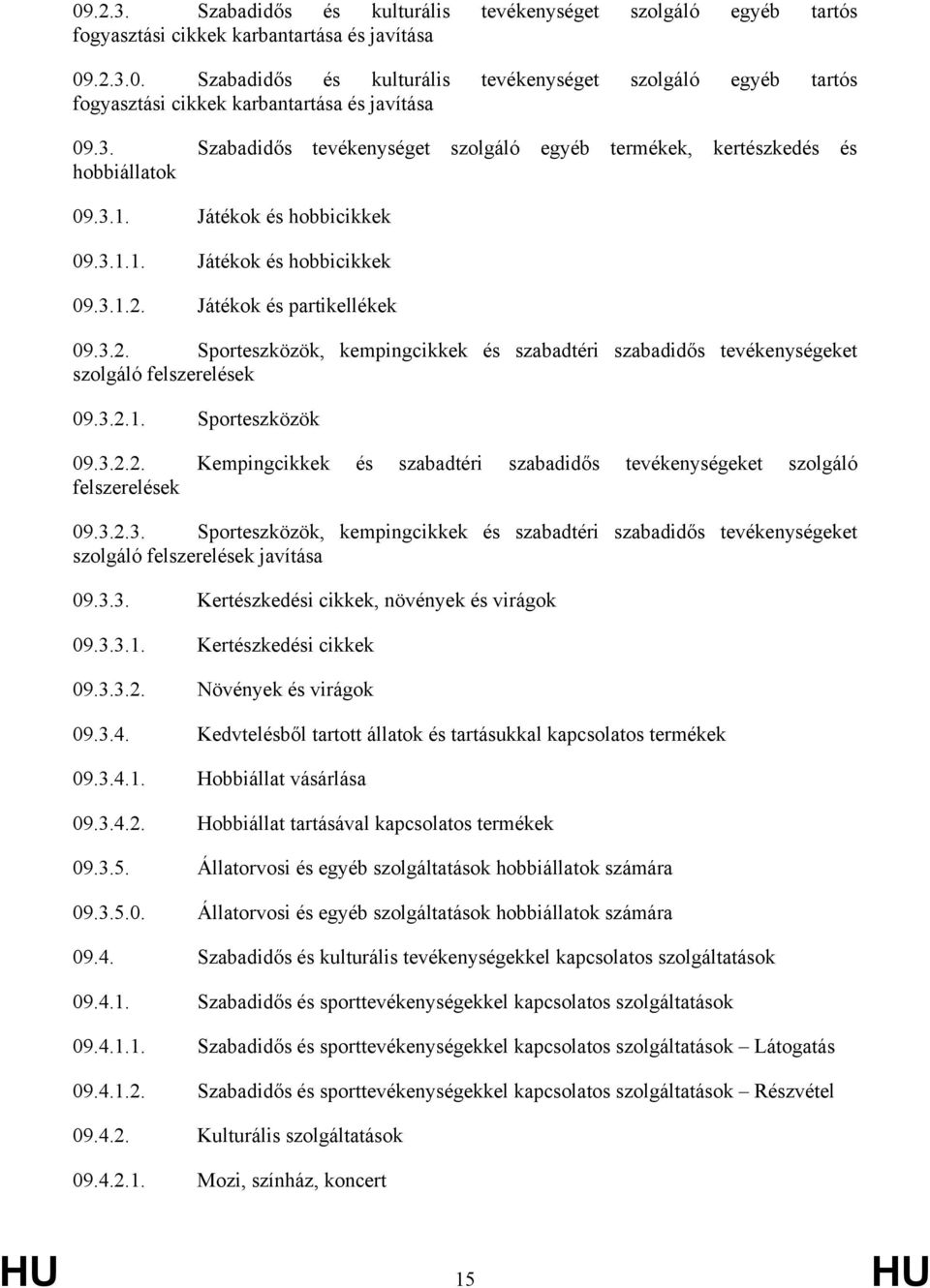 3.2.1. Sporteszközök 09.3.2.2. Kempingcikkek és szabadtéri szabadidős tevékenységeket szolgáló felszerelések 09.3.2.3. Sporteszközök, kempingcikkek és szabadtéri szabadidős tevékenységeket szolgáló felszerelések javítása 09.