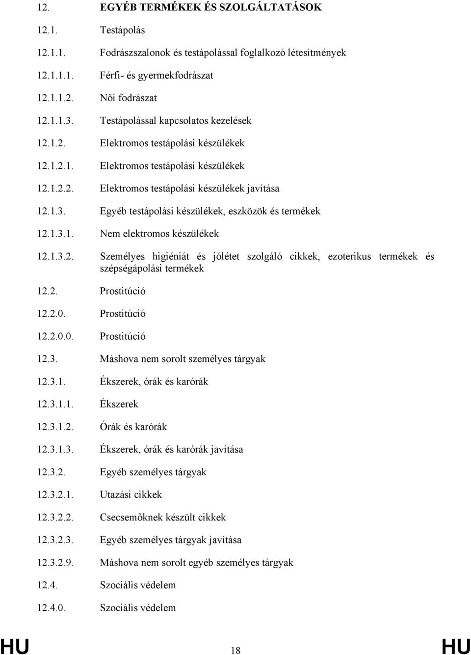 Egyéb testápolási készülékek, eszközök és termékek 12.1.3.1. Nem elektromos készülékek 12.1.3.2. Személyes higiéniát és jólétet szolgáló cikkek, ezoterikus termékek és szépségápolási termékek 12.2. Prostitúció 12.