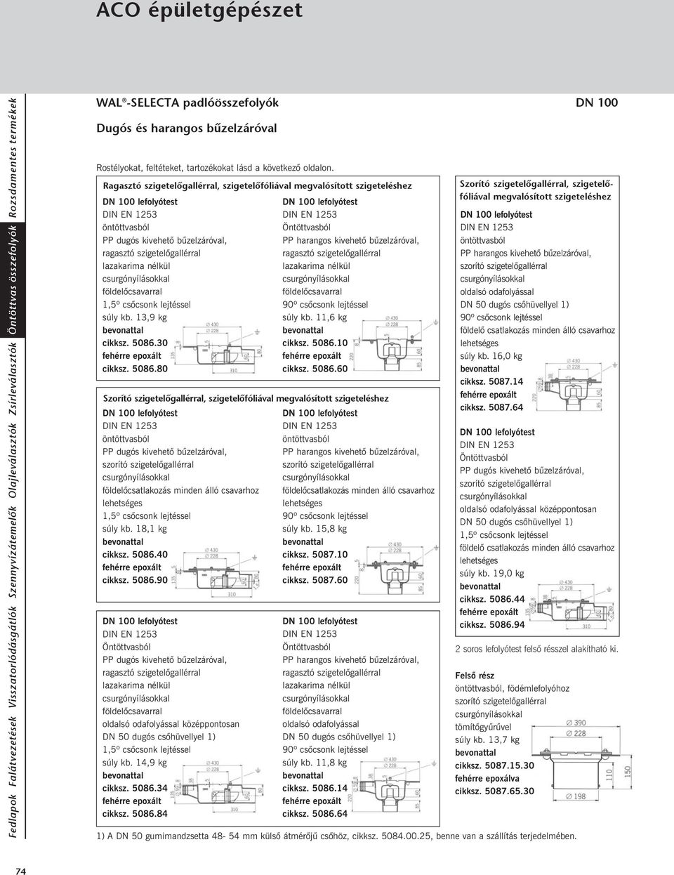 11,6 kg cikksz. 5086.10 cikksz. 5086.60 Szorító szigetelõgallérral, szigetelõfóliával megvalósított szigeteléshez PP dugós kivehetõ bûzelzáróval, súly kb. 18,1 kg cikksz. 5086.40 cikksz. 5086.90 PP dugós kivehetõ bûzelzáróval, DN 50 dugós csõhüvellyel 1) súly kb.