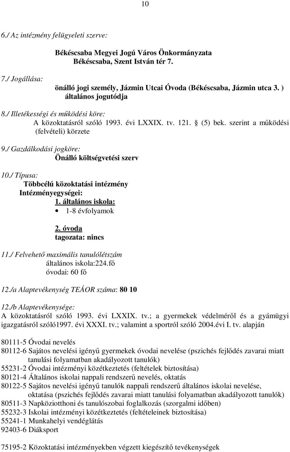 / Gazdálkodási jogköre: Önálló költségvetési szerv 10./ Típusa: Többcélú közoktatási intézmény Intézményegységei: 1. általános iskola: 1-8 évfolyamok 2. óvoda tagozata: nincs 11.