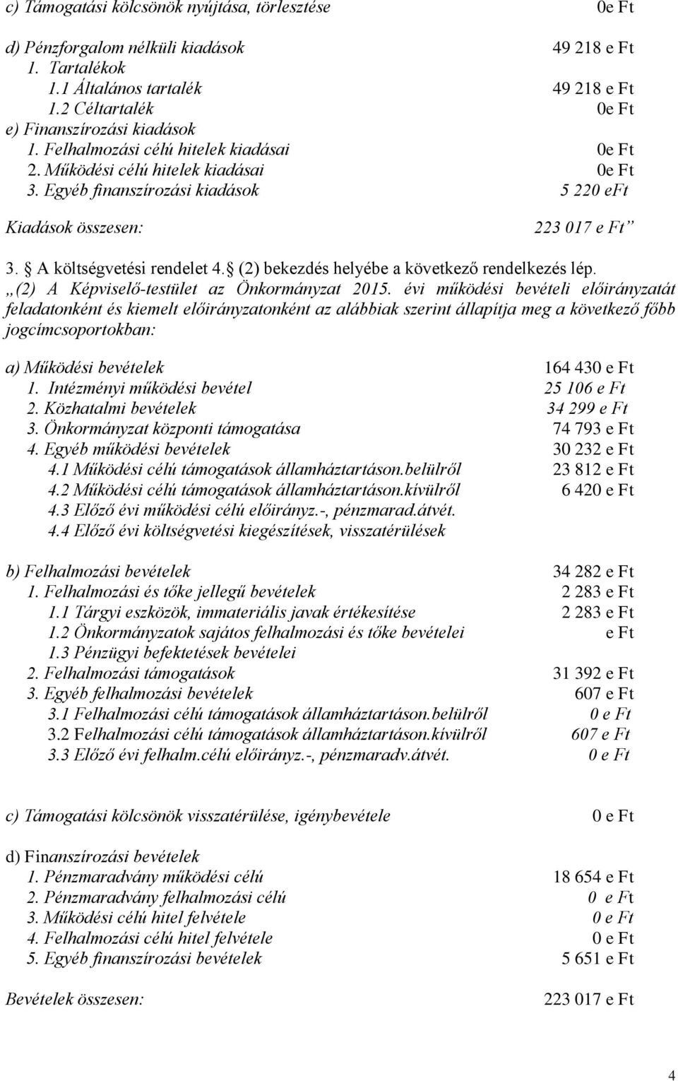 (2) bekezdés helyébe a következő rendelkezés lép. (2) A Képviselő-testület az Önkormányzat 2015.