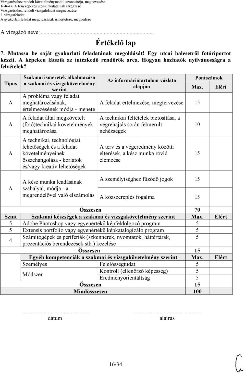 Típus Szakmai ismeretek alkalmazása a szakmai és vizsgakövetelmény szerint probléma vagy feladat meghatározásának, értelmezésének módja - menete feladat által megkövetelt (fotó)technikai