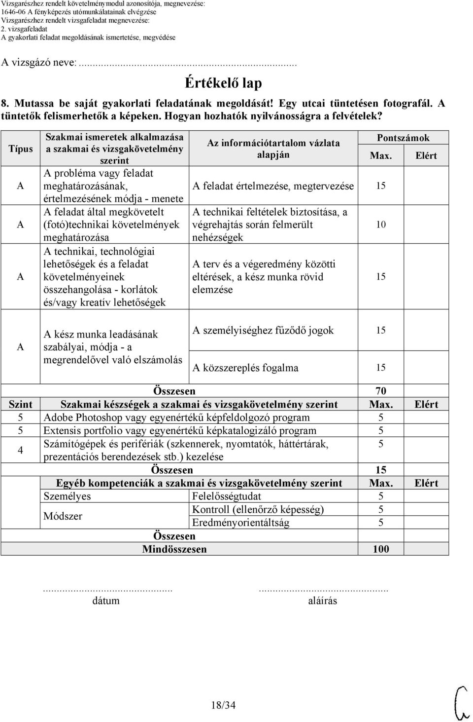 Típus Szakmai ismeretek alkalmazása a szakmai és vizsgakövetelmény szerint probléma vagy feladat meghatározásának, értelmezésének módja - menete feladat által megkövetelt (fotó)technikai