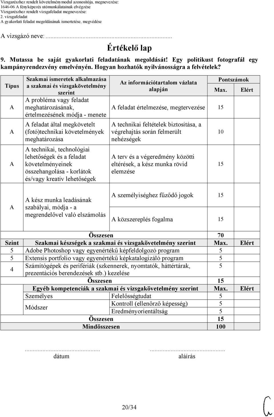 Típus Szakmai ismeretek alkalmazása a szakmai és vizsgakövetelmény szerint probléma vagy feladat meghatározásának, értelmezésének módja - menete feladat által megkövetelt (fotó)technikai