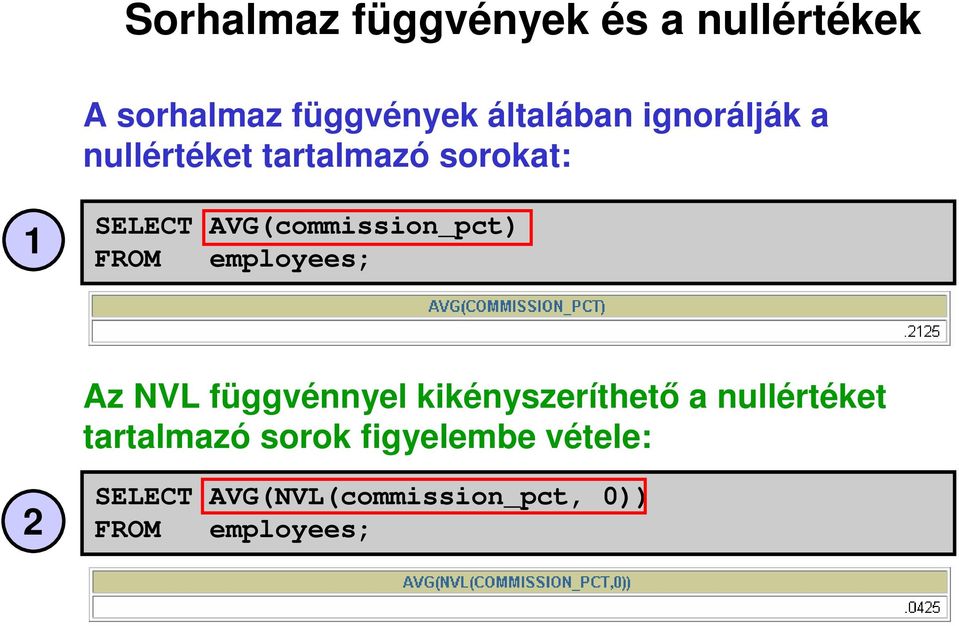 FROM employees; Az NVL függvénnyel kikényszeríthető a nullértéket