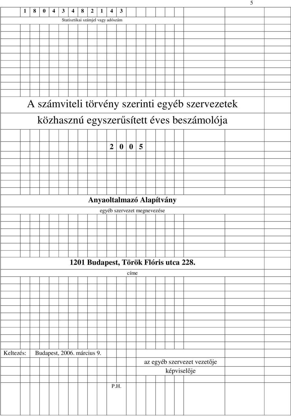 Anyaoltalmazó Alapítvány egyéb szervezet megnevezése 1201 Budapest, Török Flóris