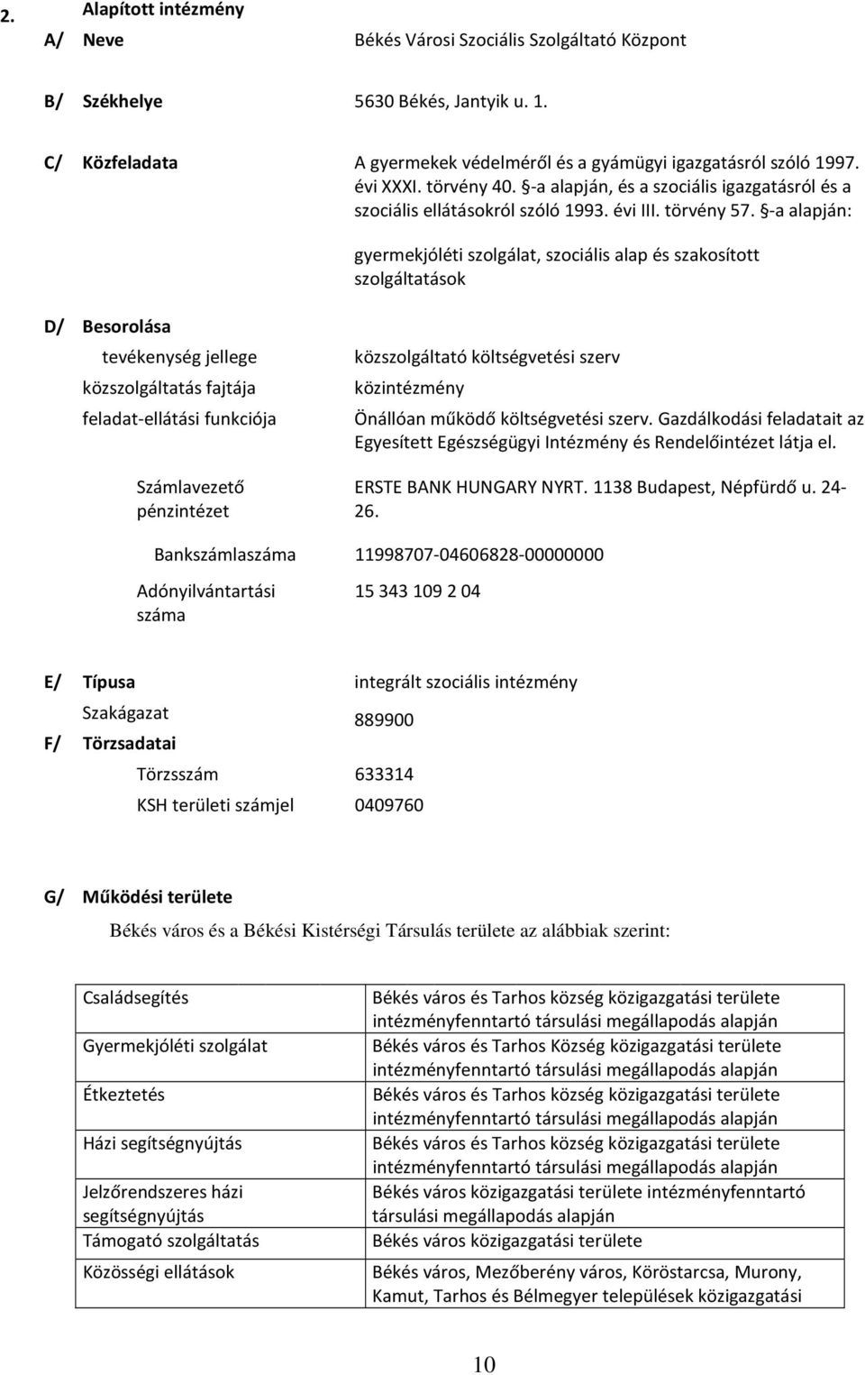 -a alapján: gyermekjóléti szolgálat, szociális alap és szakosított szolgáltatások D/ Besorolása tevékenység jellege közszolgáltatás fajtája feladat-ellátási funkciója Számlavezető pénzintézet