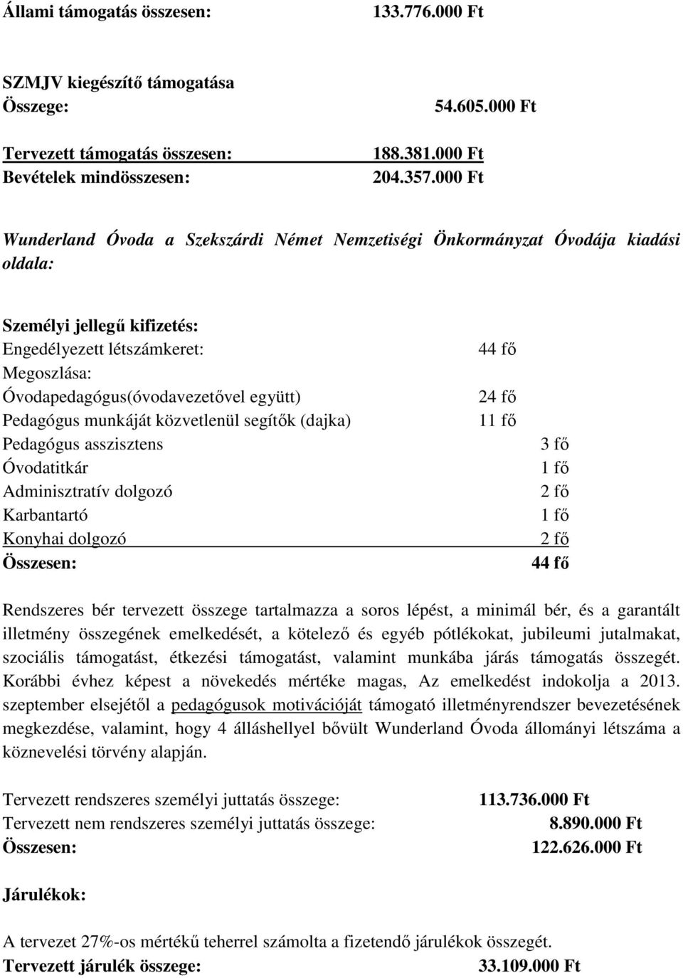 Pedagógus munkáját közvetlenül segítık (dajka) Pedagógus asszisztens Óvodatitkár Adminisztratív dolgozó Karbantartó Konyhai dolgozó Összesen: 44 fı 24 fı 11 fı 3 fı 1 fı 2 fı 1 fı 2 fı 44 fı