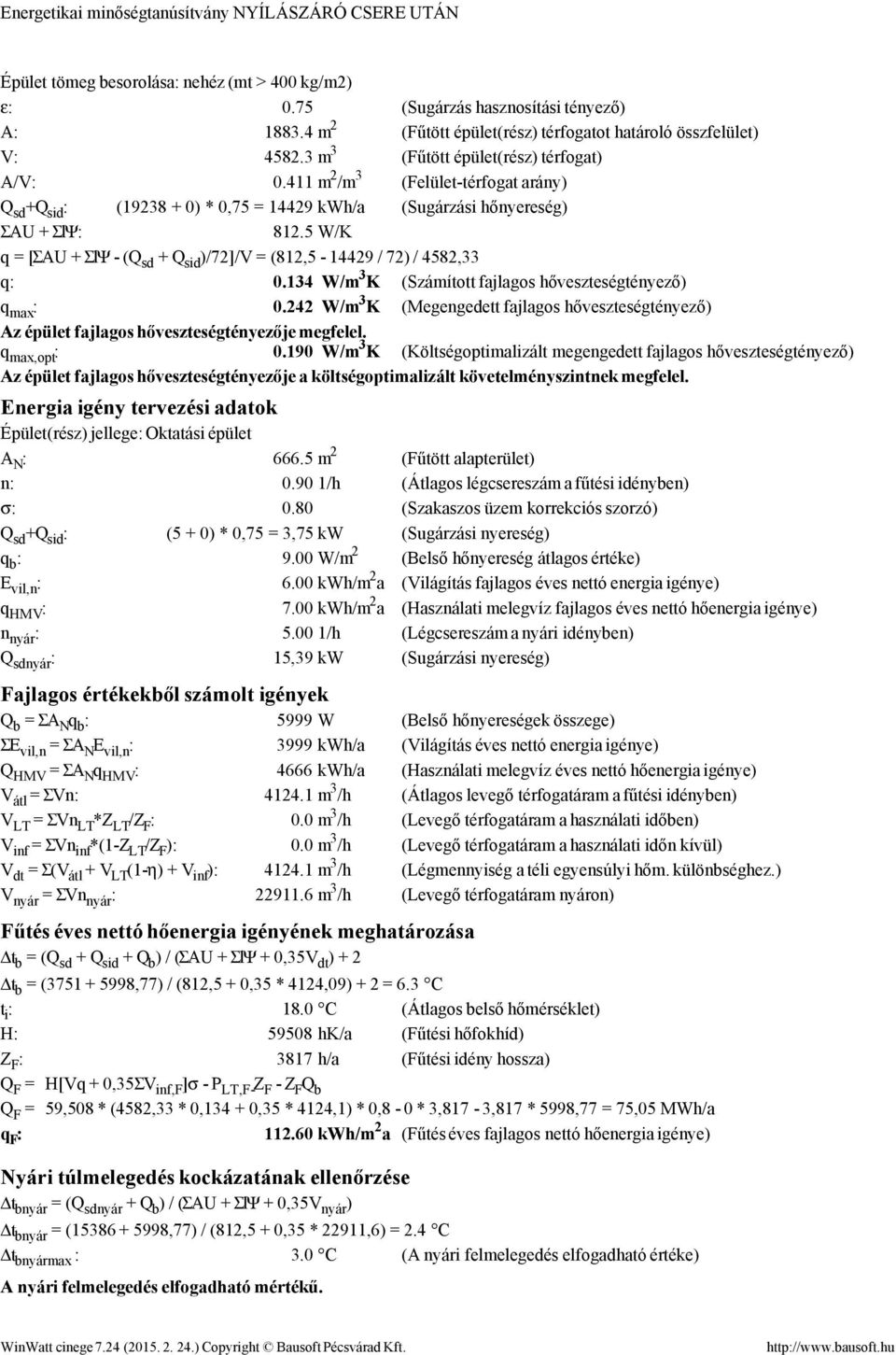 5 W/K q = [ΣAU + ΣlΨ - (Q sd + Q sid )/72]/V = (812,5-14429 / 72) / 4582,33 q: 0.134 W/m 3 K (Számított fajlagos hőveszteségtényező) q max : 0.