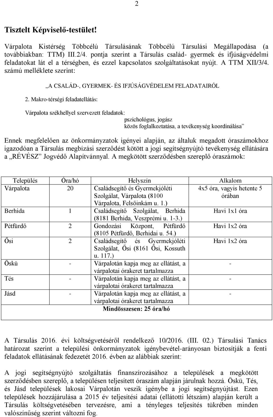 számú melléklete szerint: A CSALÁD, GYERMEK ÉS IFJÚSÁGVÉDELEM FELADATAIRÓL 2.