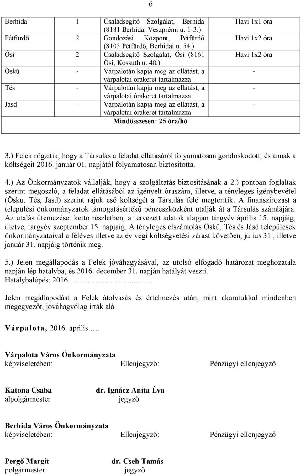 ) Öskü Várpalotán kapja meg az ellátást, a Tés Várpalotán kapja meg az ellátást, a Jásd Várpalotán kapja meg az ellátást, a Mindösszesen: 25 óra/hó Havi 1x1 óra Havi 1x2 óra Havi 1x2 óra 3.