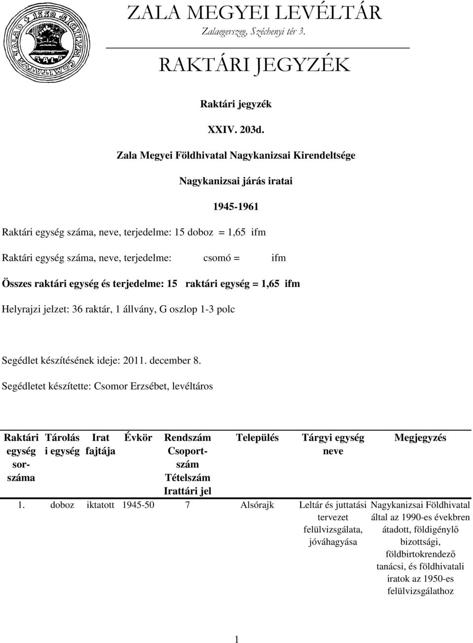 száma,, terjedelme: csomó = ifm Összes raktár és terjedelme: 15 raktár = 1,65 ifm Helyrajzi jelzet: 36 raktár, 1 állvány, G oszlop 1-3 polc