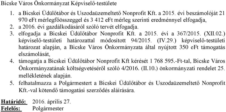 a 2015. évi a 367/2015. (XII.02.) képviselő-testületi határozattal módosított 94/2015. (IV.29.