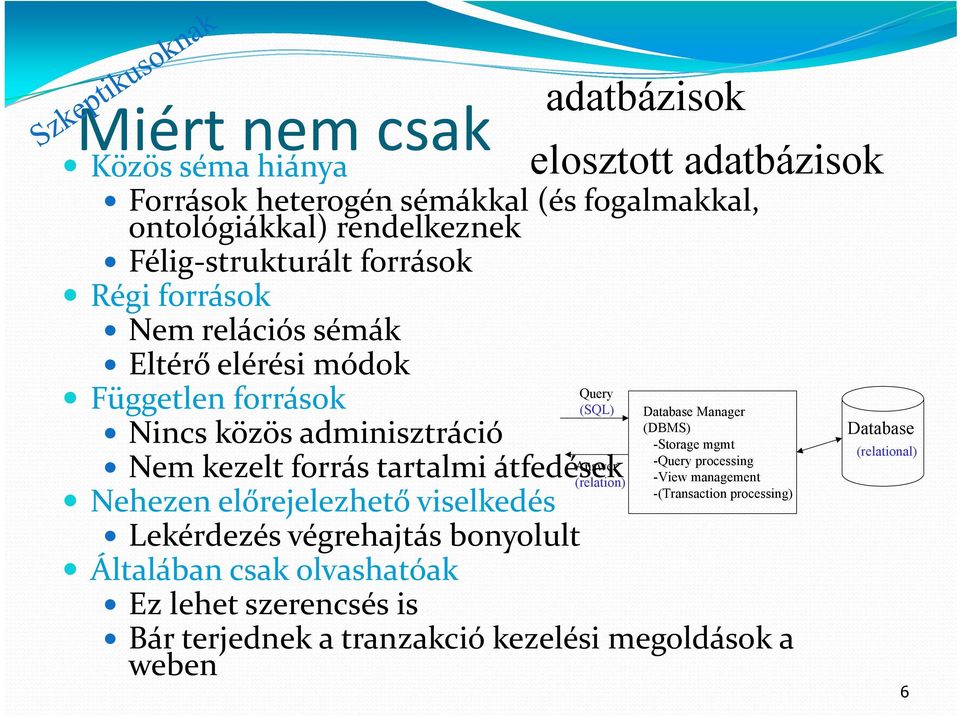 előrejelezhető viselkedés Lekérdezés végrehajtás bonyolult Általában csak olvashatóak Ez lehet szerencsés is adatbázisok elosztott adatbázisok (relation)