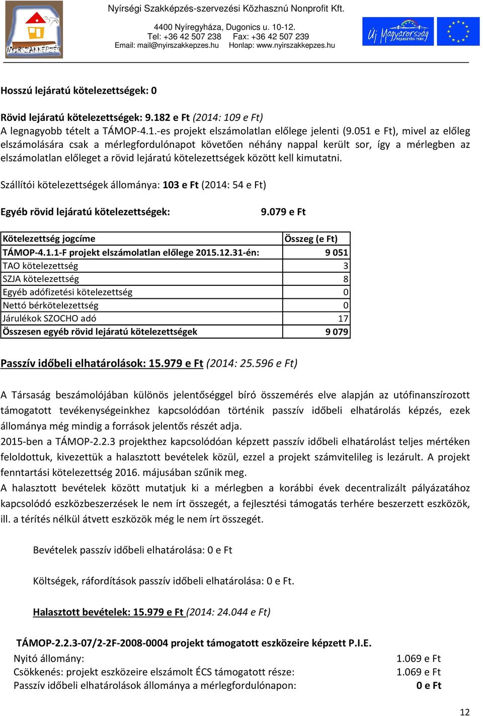 Szállítói kötelezettségek állománya: 103 e Ft (2014: 54 e Ft) Egyéb rövid lejáratú kötelezettségek: 9.079 e Ft Kötelezettség jogcíme Összeg (e Ft) TÁMOP-4.1.1-F projekt elszámolatlan előlege 2015.12.