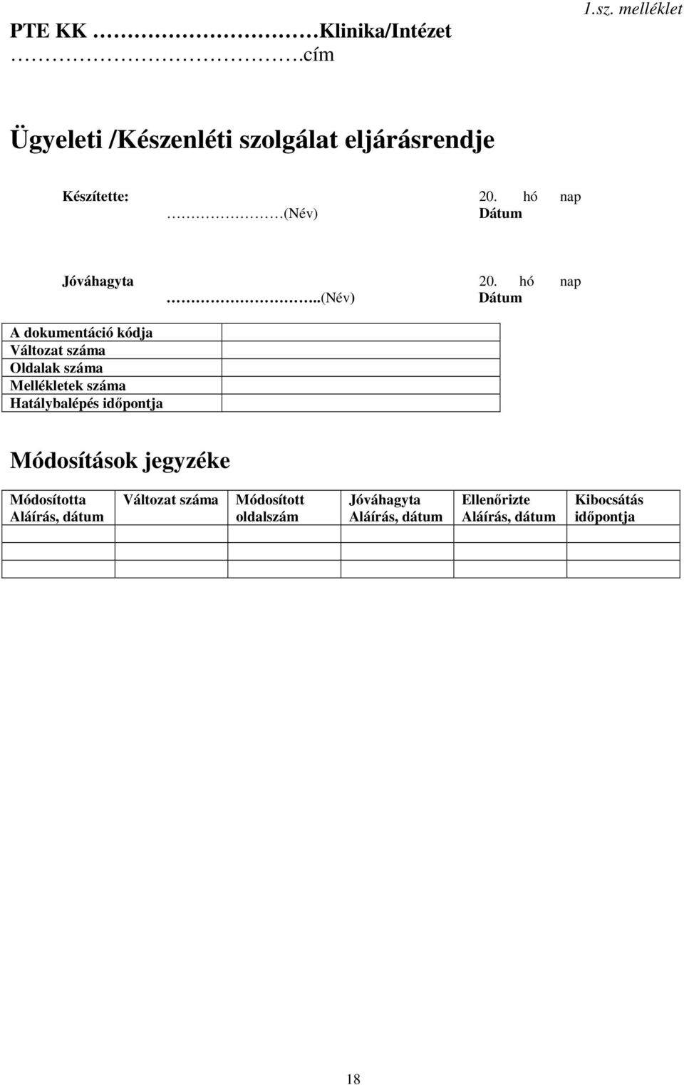 .(név) Dátum A dokumentáció kódja Változat száma Oldalak száma Mellékletek száma Hatálybalépés