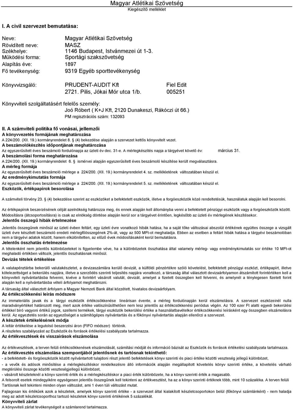 5251 Könyvviteli szolgáltatásért felelős személy: Joó Róbert ( K+J Kft, 212 Dunakeszi, Rákóczi út 66.) PM regisztrációs szám: 13293 II.