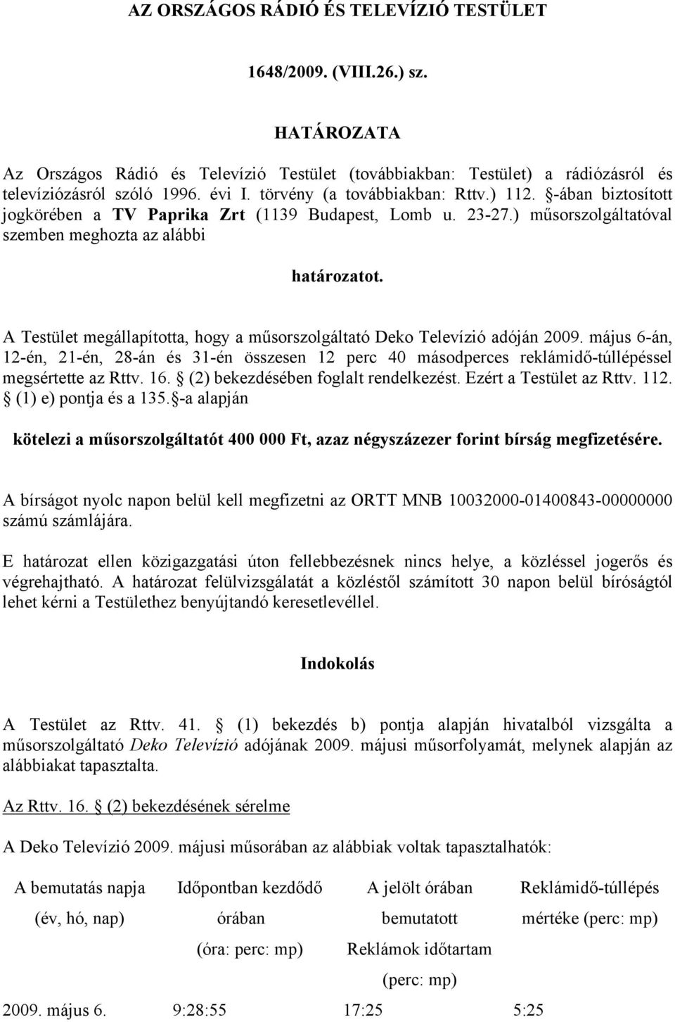 A Testület megállapította, hogy a műsorszolgáltató Deko Televízió adóján 2009. május 6-án, 12-én, 21-én, 28-án és 31-én összesen 12 perc 40 másodperces reklámidő-túllépéssel megsértette az Rttv. 16.