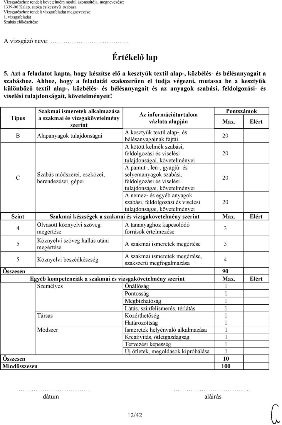 követelményeit! Típus Szakmai ismeretek a szakmai és vizsgakövetelmény szerint Az információtartalom vázlata alapján Pontszámok Max.