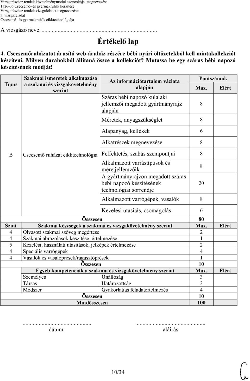 Típus B Szakmai ismeretek alkalmazása a szakmai és vizsgakövetelmény szerint Csecsemő ruházat cikktechnológia Az információtartalom vázlata Pontszámok Max.