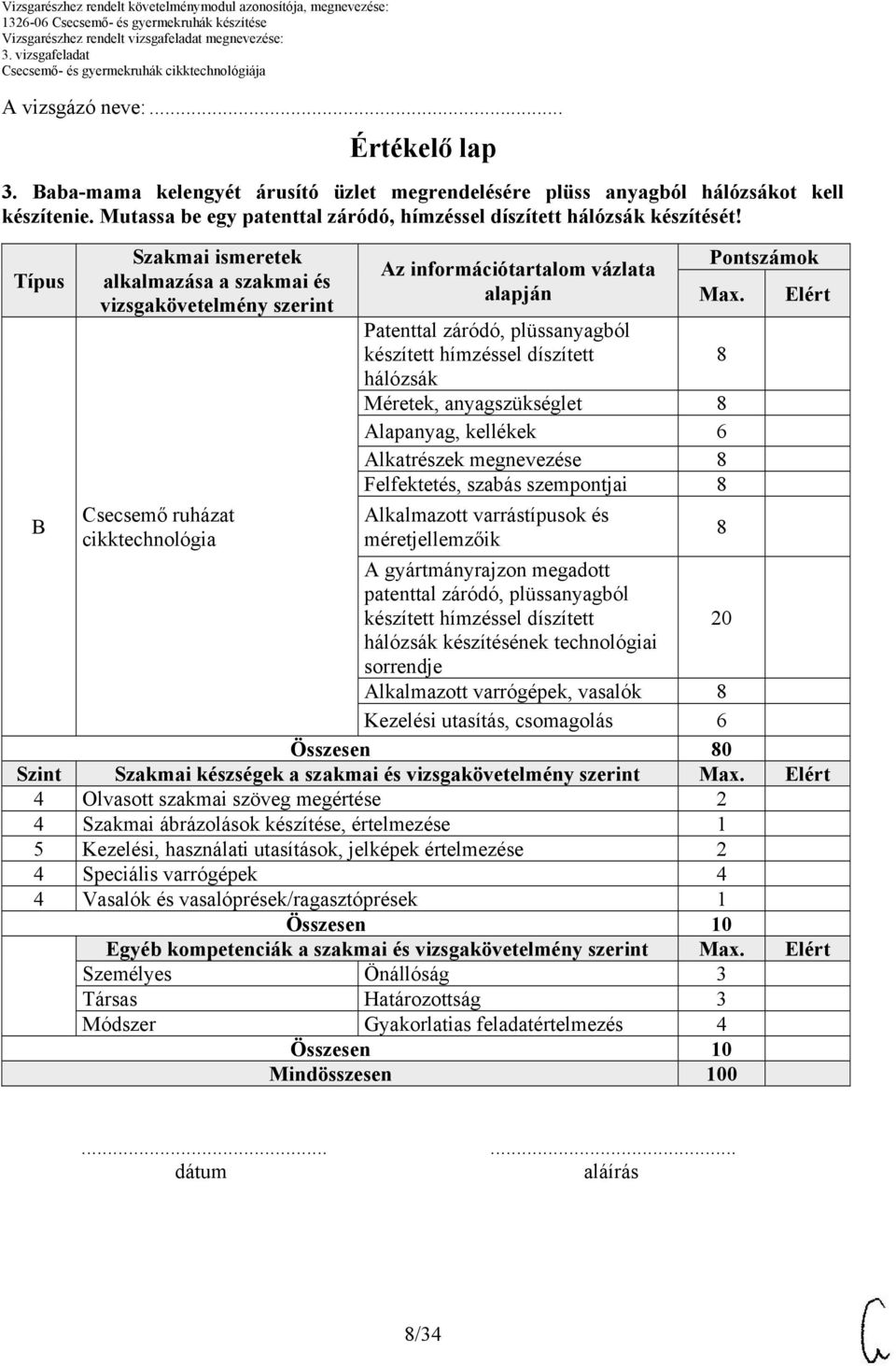 Típus B Szakmai ismeretek alkalmazása a szakmai és vizsgakövetelmény szerint Csecsemő ruházat cikktechnológia Az információtartalom vázlata Pontszámok Max.