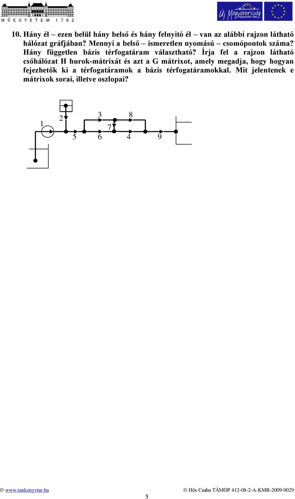 Írja fel a rajzon látható csőhálózat H hurok-mátrixát és azt a G mátrixot, amely megadja, hogy hogyan