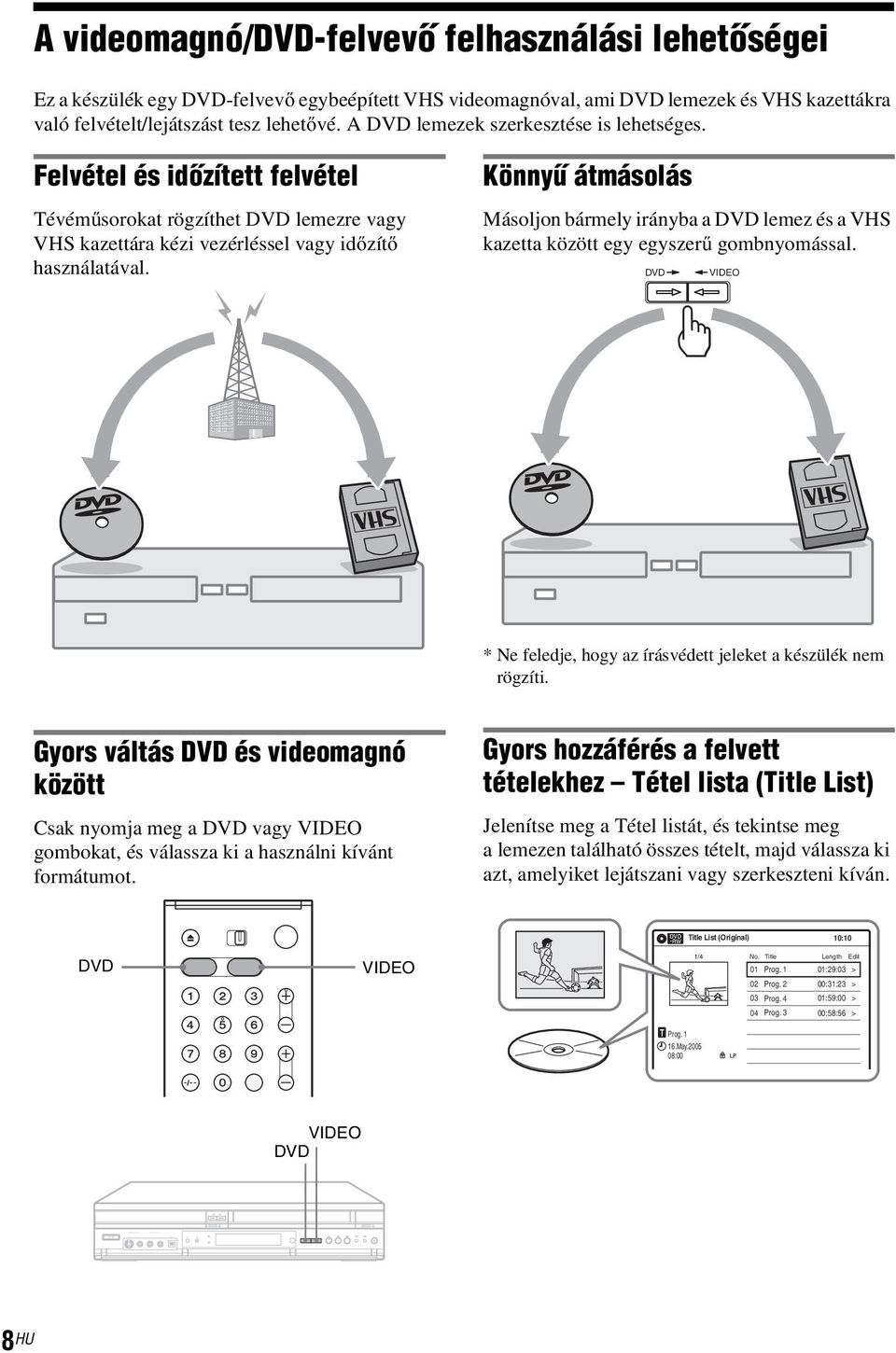 Könnyű átmásolás Másoljon bármely irányba a DVD lemez és a VHS kazetta között egy egyszerű gombnyomással. DVD VIDEO * Ne feledje, hogy az írásvédett jeleket a készülék nem rögzíti.