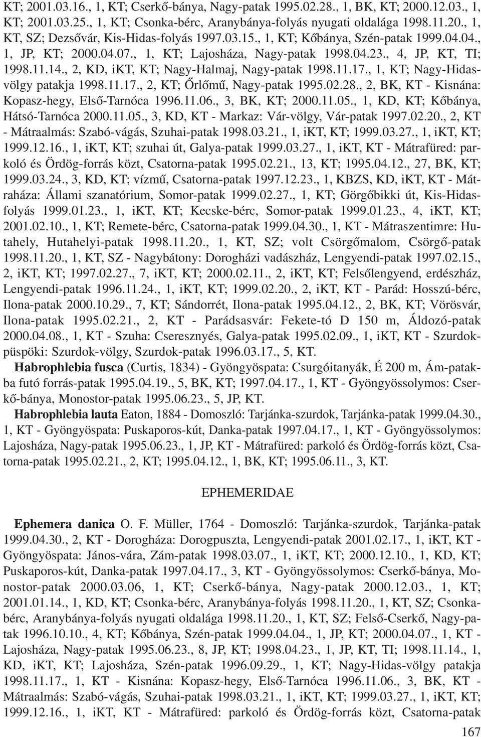 , 1, KT; Nagy-Hidasvölgy patakja 1998.11.17., 2, KT; Õrlõmû, Nagy-patak 1995.02.28., 2, BK, KT - Kisnána: Kopasz-hegy, Elsõ-Tarnóca 1996.11.06., 3, BK, KT; 2000.11.05.