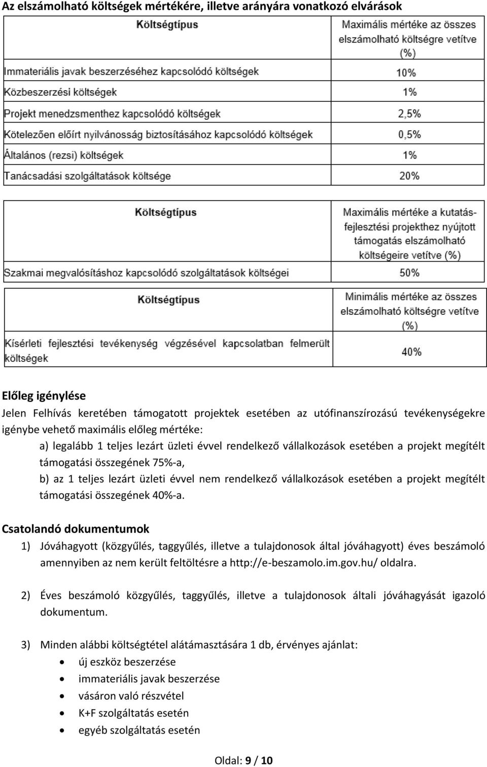 vállalkozások esetében a projekt megítélt támogatási összegének 40%-a.