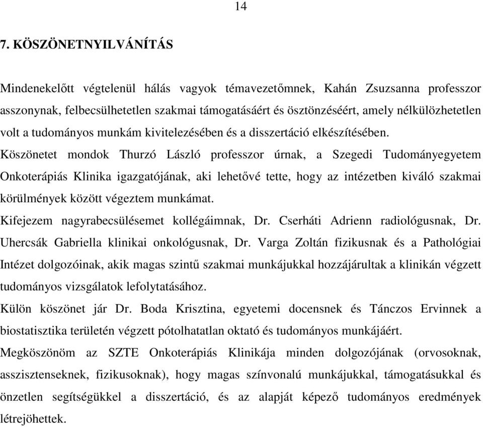 Köszönetet mondok Thurzó László professzor úrnak, a Szegedi Tudományegyetem Onkoterápiás Klinika igazgatójának, aki lehetővé tette, hogy az intézetben kiváló szakmai körülmények között végeztem