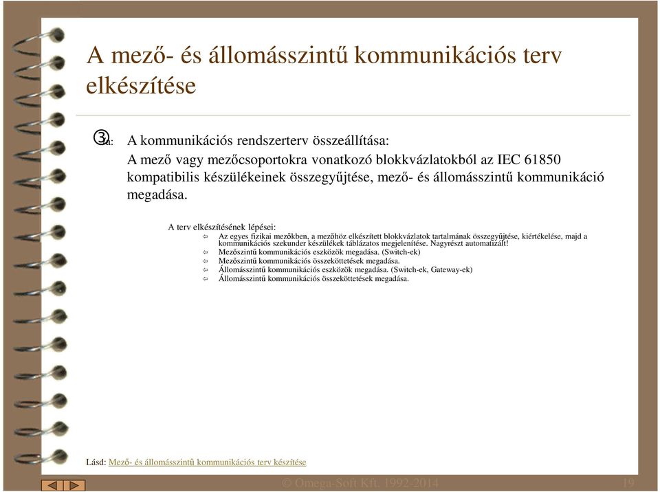 A terv elkészítésének lépései: Az egyes fizikai mezőkben, a mezőhöz elkészített blokkvázlatok tartalmának összegyűjtése, kiértékelése, majd a kommunikációs szekunder készülékek táblázatos