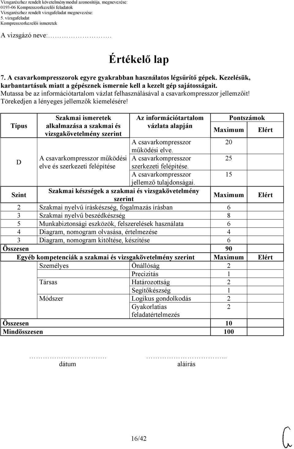 Típus Szakmai ismeretek alkalmazása a szakmai és vizsgakövetelmény szerint Az információtartalom vázlata alapján Maximum Pontszámok Elért A csavarkompresszor 20 működési elve.