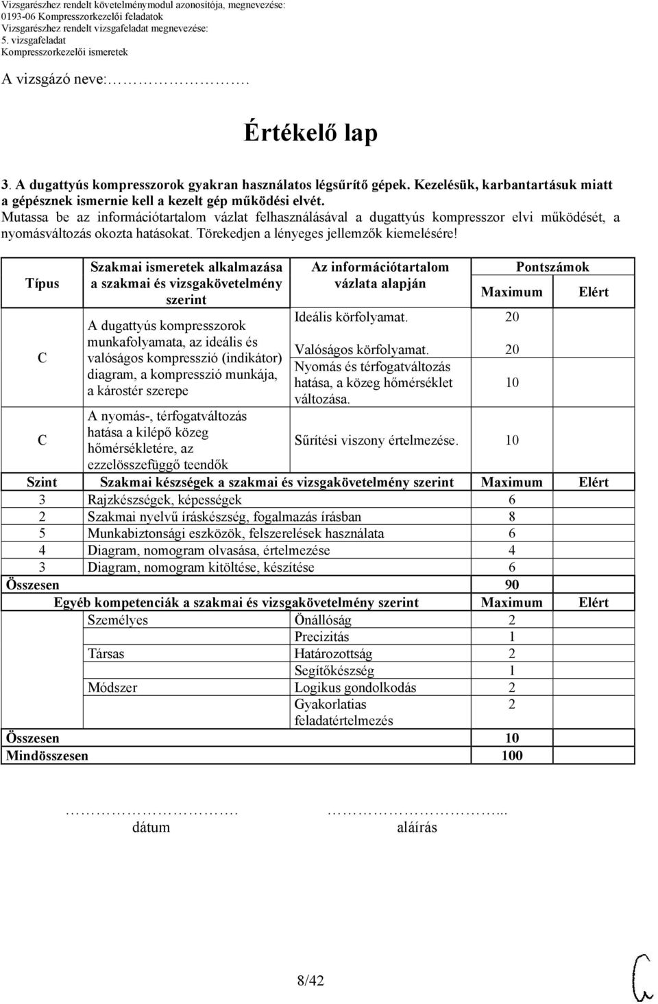 Típus C C Szakmai ismeretek alkalmazása a szakmai és vizsgakövetelmény szerint A dugattyús kompresszorok munkafolyamata, az ideális és valóságos kompresszió (indikátor) diagram, a kompresszió