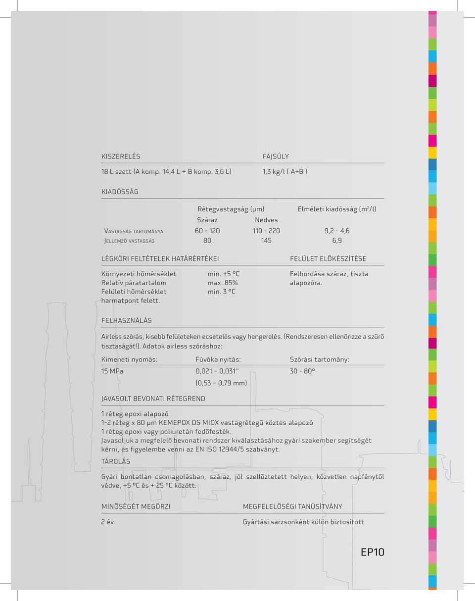 határértékei Környezeti hőmérséklet min. +5 C Relatív páratartalom max. 85% Felületi hőmérséklet min. 3 C harmatpont felett. Felület előkészítése Felhordása száraz, tiszta alapozóra.