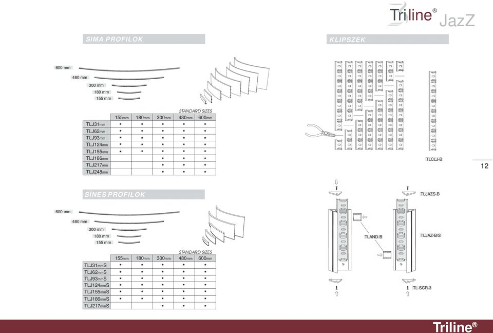 SÍNES PROFILOK TLJAZS-B 600 mm 480 mm 300 mm 180 mm 155 mm TLAND-B TLJAZ-B/S TLJ31mmS TLJ62mmS