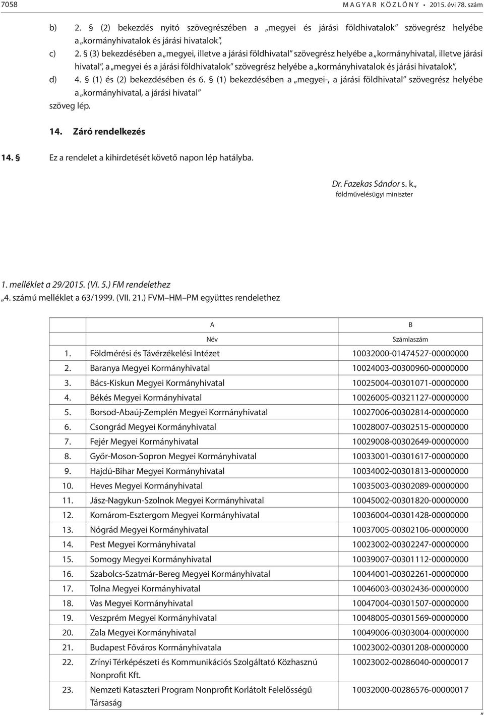 hivatalok, d) 4. (1) és (2) bekezdésében és 6. (1) bekezdésében a megyei-, a járási földhivatal szövegrész helyébe a kormányhivatal, a járási hivatal 14. Záró rendelkezés 14.