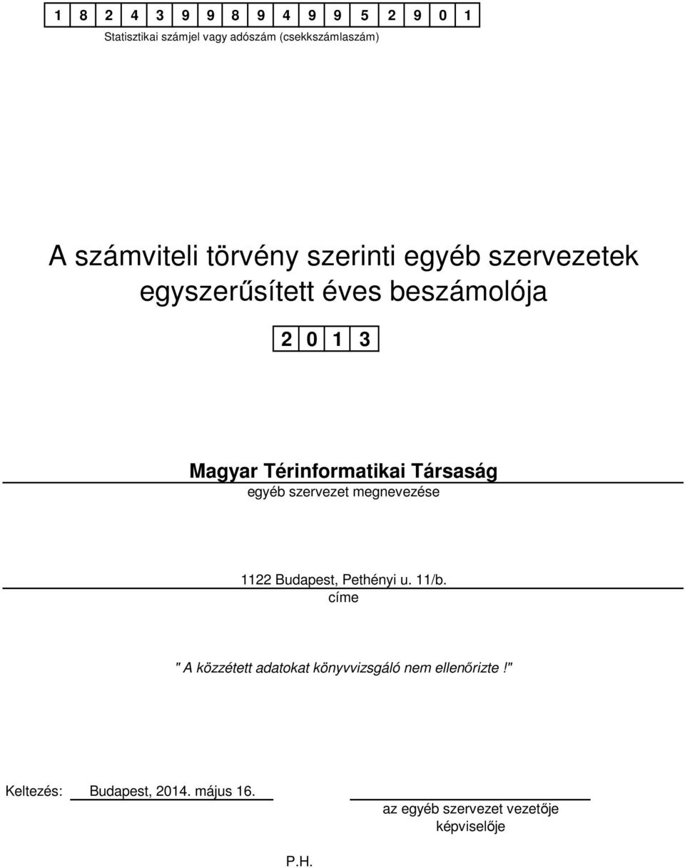 éves beszámolója 2 0 1 3 egyéb szervezet megnevezése címe " A közzétett adatokat