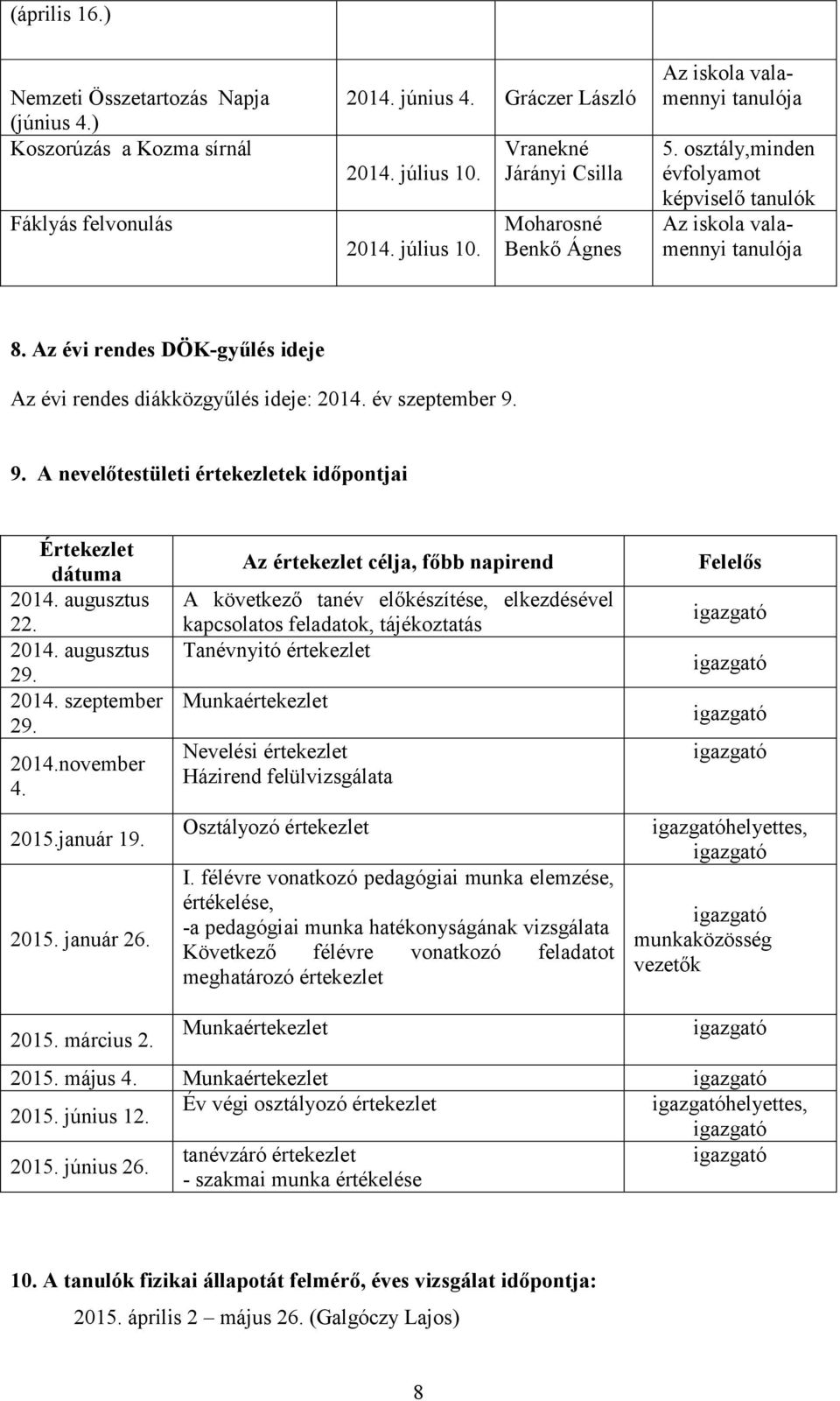 Az évi rendes DÖK-gyűlés ideje Az évi rendes diákközgyűlés ideje: 2014. év szeptember 9. 9. A nevelőtestületi értekezletek időpontjai Értekezlet dátuma 2014. augusztus 22. 2014. augusztus 29. 2014. szeptember 29.