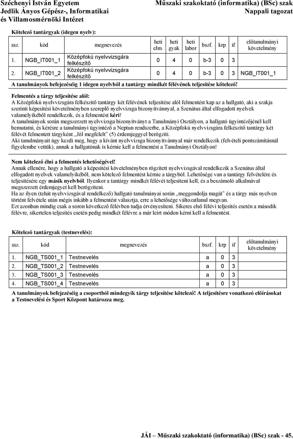 Felment a tárgy teljesíte alól: A Középfokú nyelvvizsgára felkzítő tantárgy két félévének teljesíte alól felmentt kap az a hallgató, aki a szakja szerinti képesíti ben szereplő nyelvvizsga