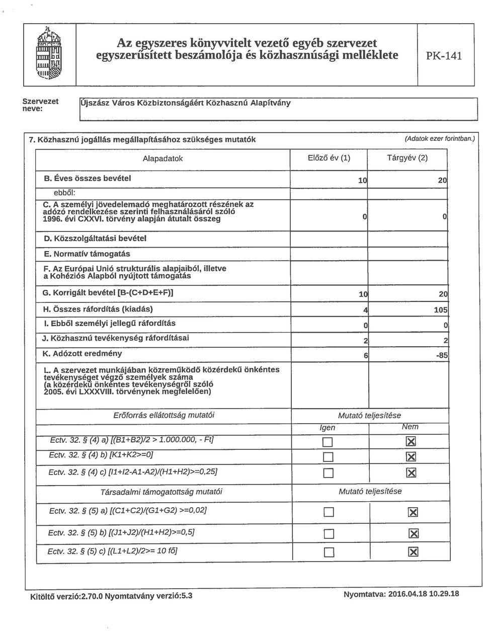 A személyi jövedelemadó meghatározott részének az adózó rendelkezése szerinti felhasználásáról szóló 1996. évi CXXVI. törvény alapján átutalt összeg O O D. Közszolgáltatási bevétel E.