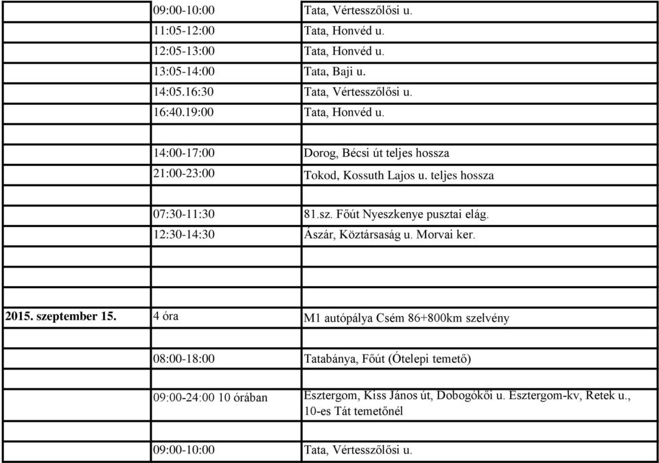 12:30-14:30 Ászár, Köztársaság u. Morvai ker. 2015. szeptember 15.