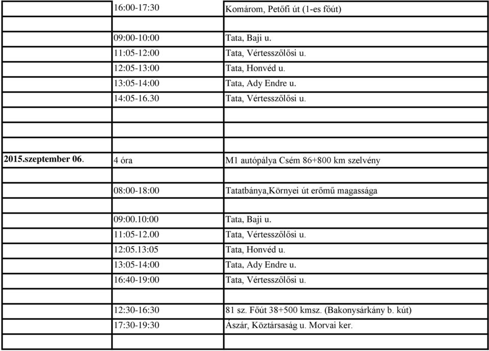 4 óra M1 autópálya Csém 86+800 km szelvény 08:00-18:00 Tatatbánya,Környei út erőmű magassága 09:00.10:00 Tata, Baji u. 11:05-12.