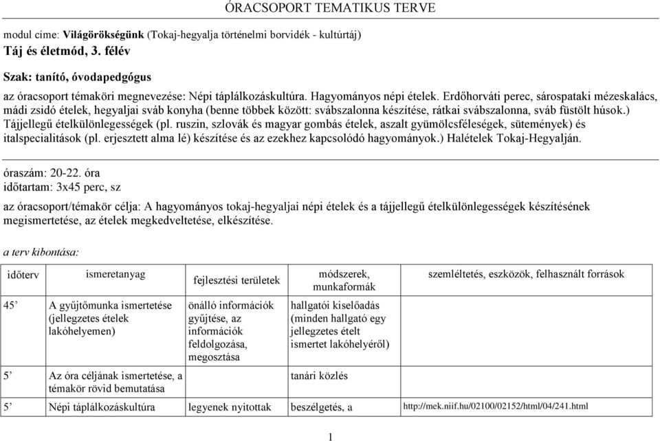 Erdőhorváti perec, sárospataki mézeskalács, mádi zsidó ételek, hegyaljai sváb konyha (benne többek között: svábszalonna készítése, rátkai svábszalonna, sváb füstölt húsok.