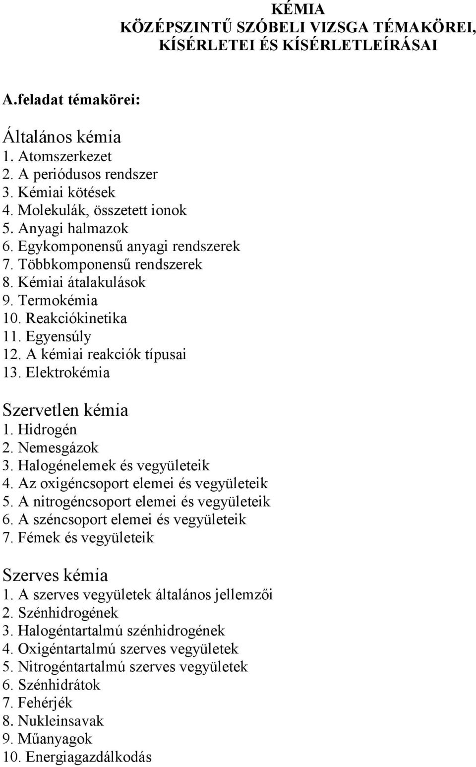 A kémiai reakciók típusai 13. Elektrokémia Szervetlen kémia 1. Hidrogén 2. Nemesgázok 3. Halogénelemek és vegyületeik 4. Az oxigéncsoport elemei és vegyületeik 5.