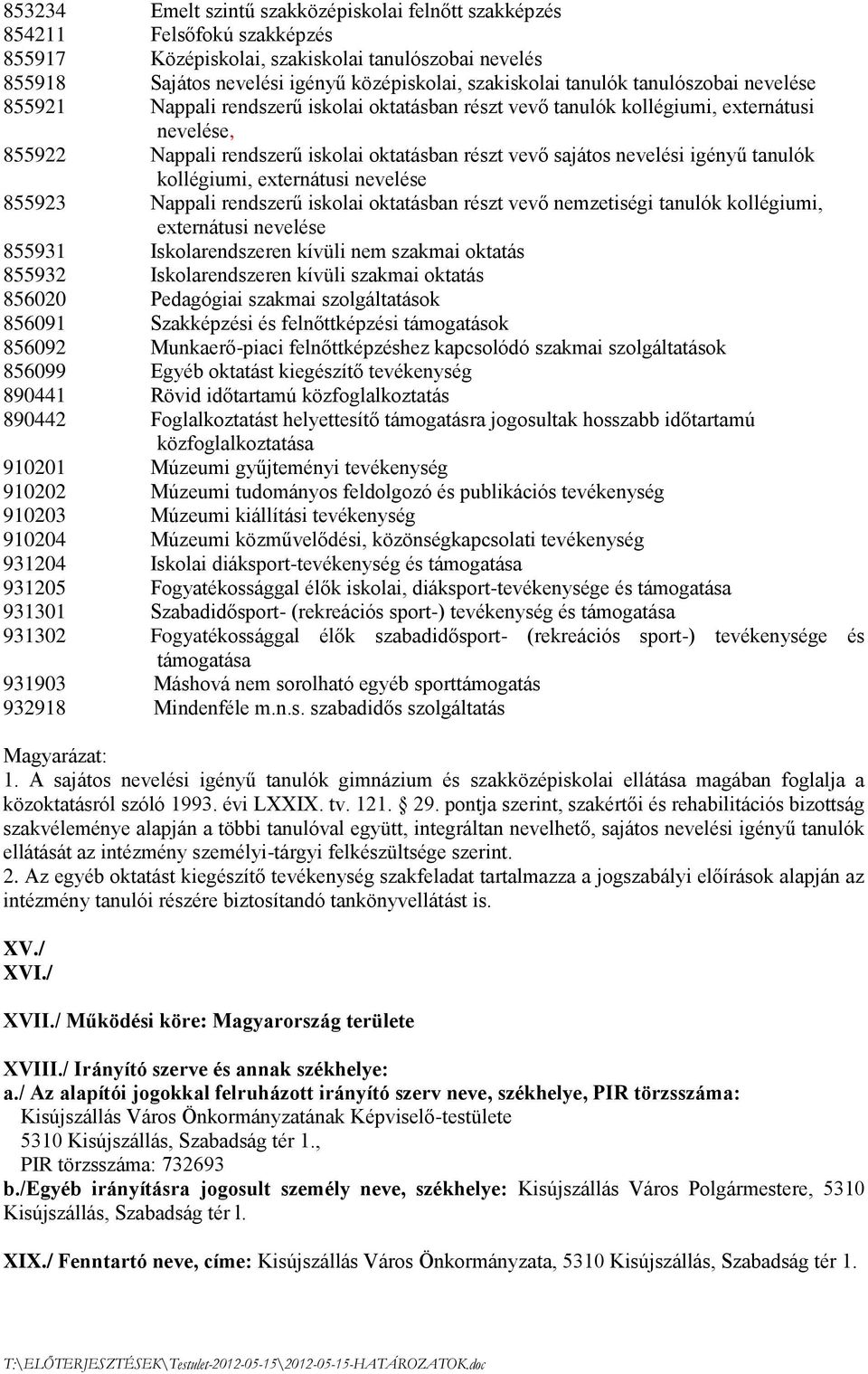 igényű tanulók kollégiumi, externátusi nevelése 855923 Nappali rendszerű iskolai oktatásban részt vevő nemzetiségi tanulók kollégiumi, externátusi nevelése 855931 Iskolarendszeren kívüli nem szakmai